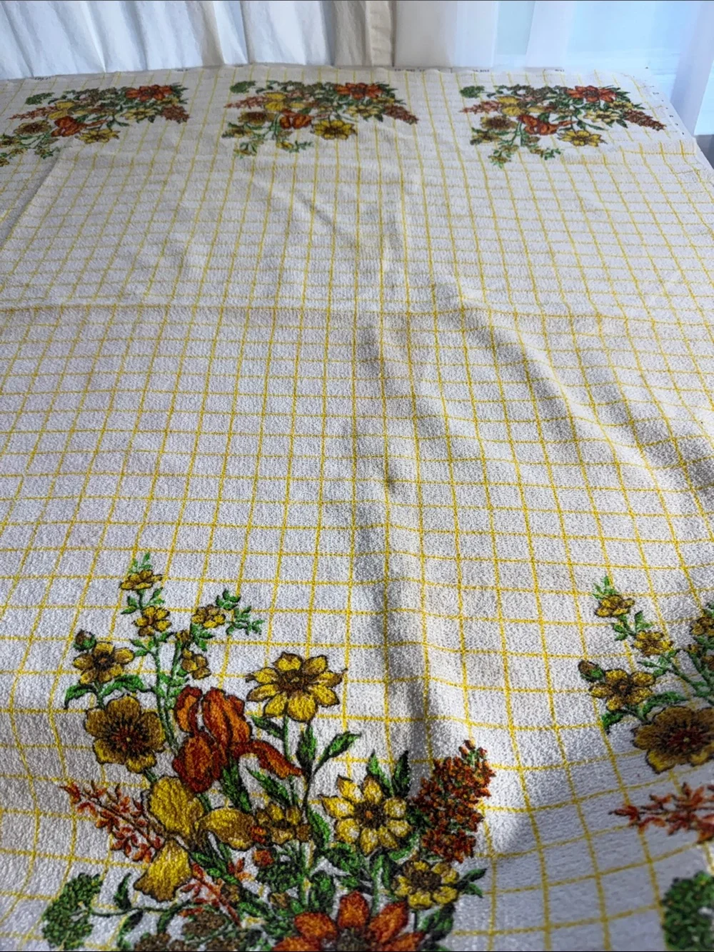 Vintage 1970s Terry Cloth Tablecloth 66 x 46 Harvest Floral Yellow Grid Cottage